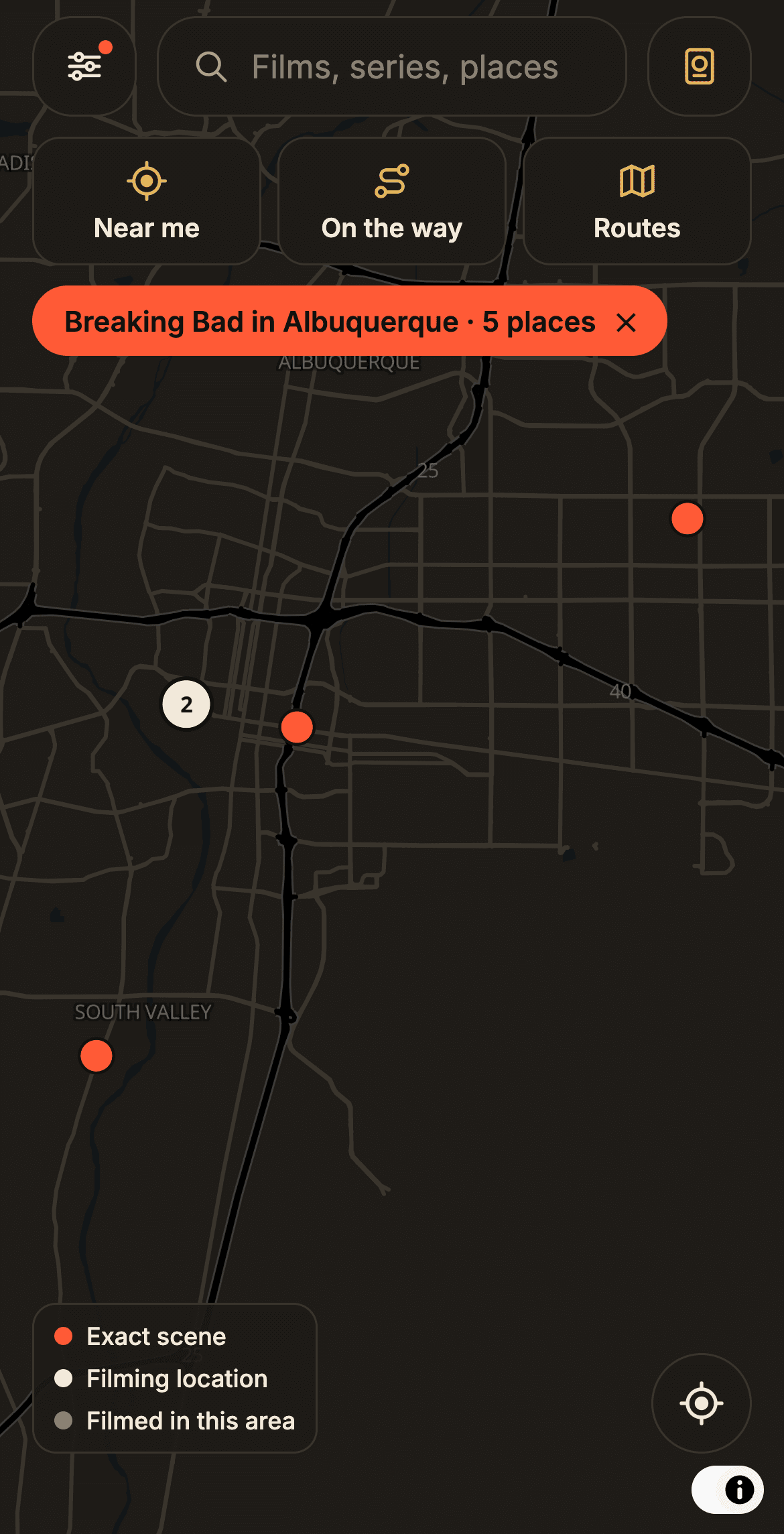 Road trips screen of the Movie Map app