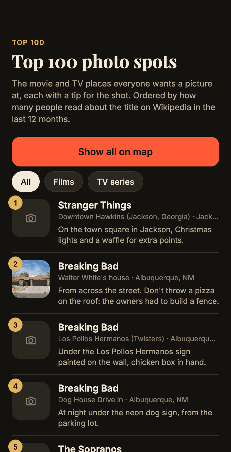 Top 100 photo spots screen of the Movie Map app